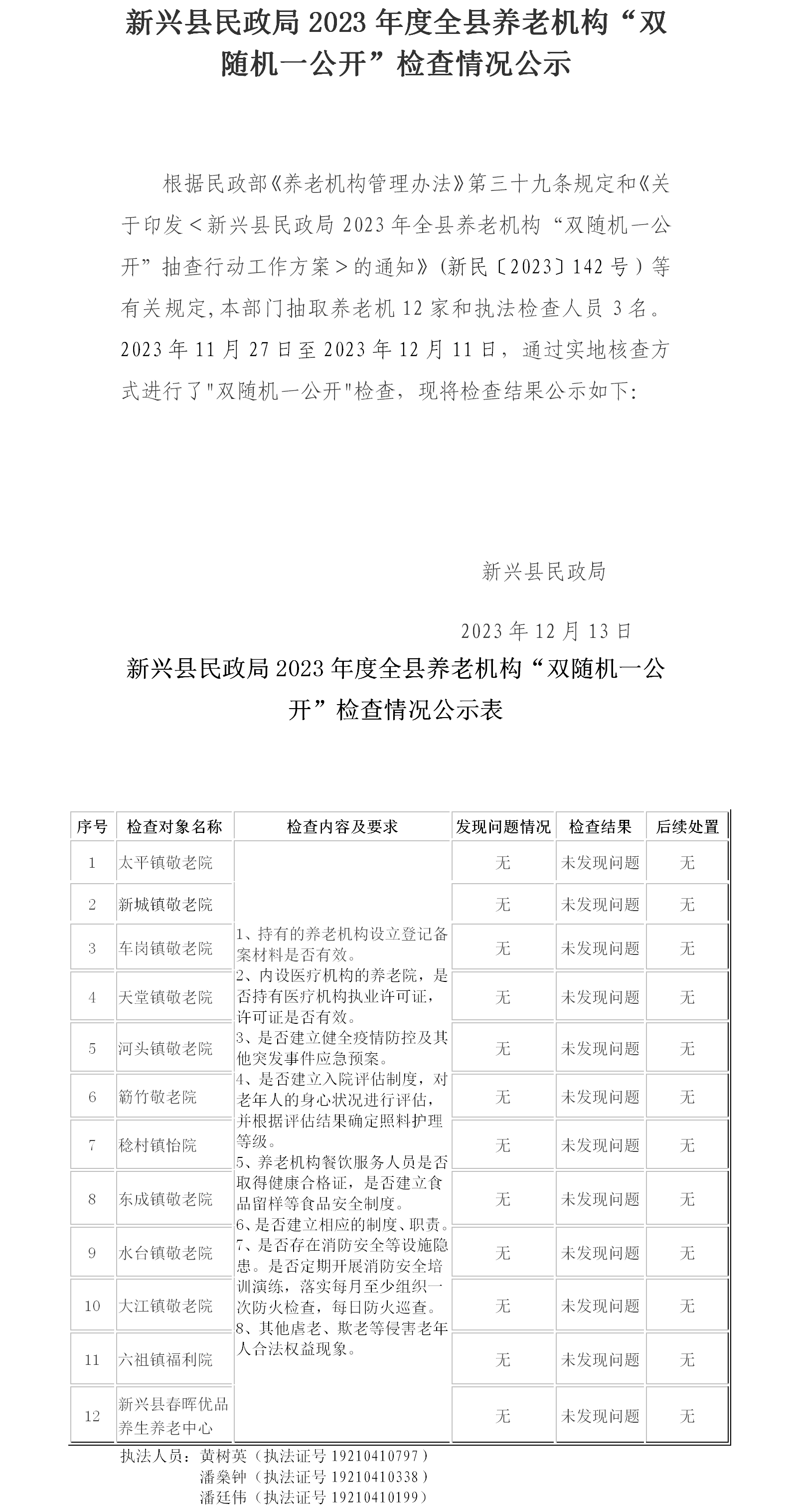 新兴县民政局2023年度全县养老机构“双随机一公开”检查情况公示.png