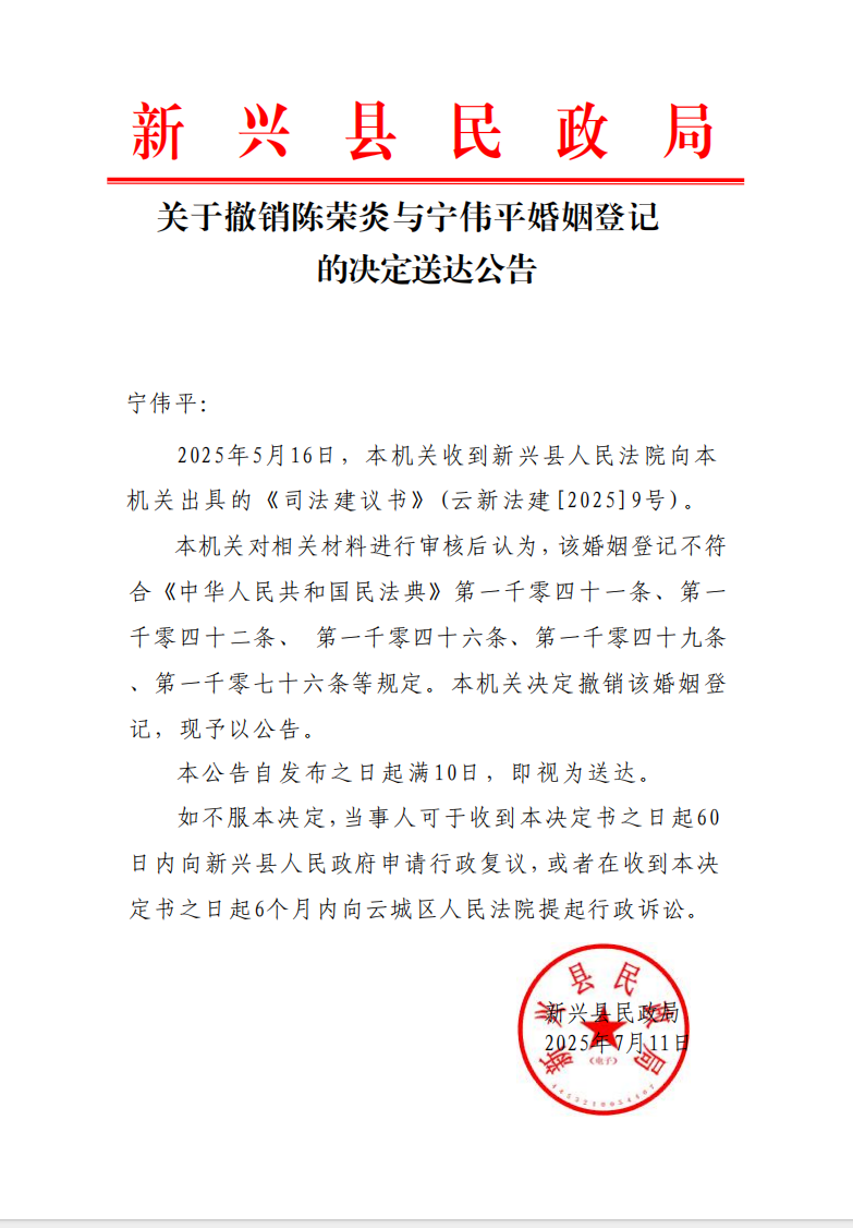 关于撤销陈荣炎与宁伟平婚姻登记的决定送达公告.png